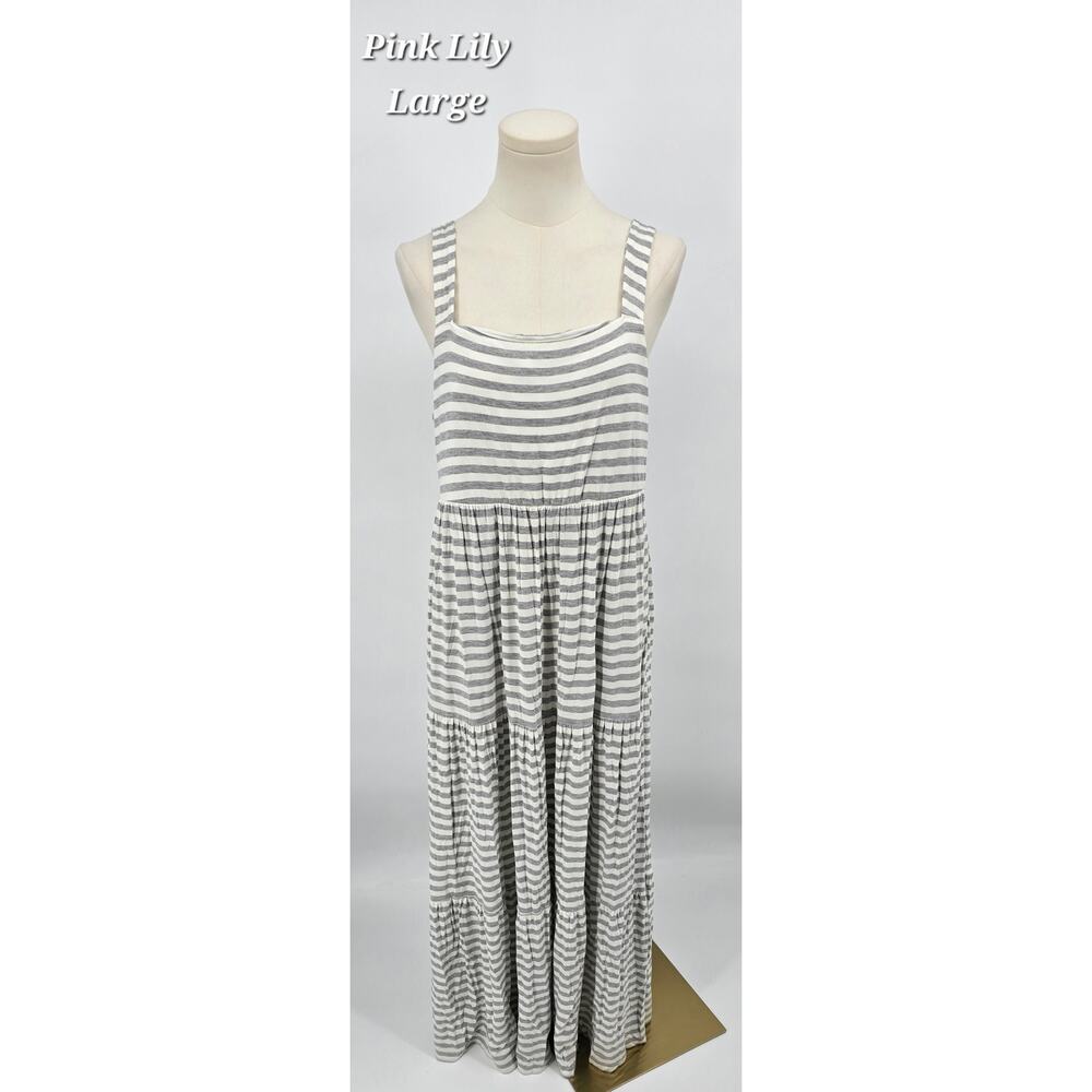 Pink Lily Gray &‎ White Striped Maxi Dress Large Minimalist Cottagecore